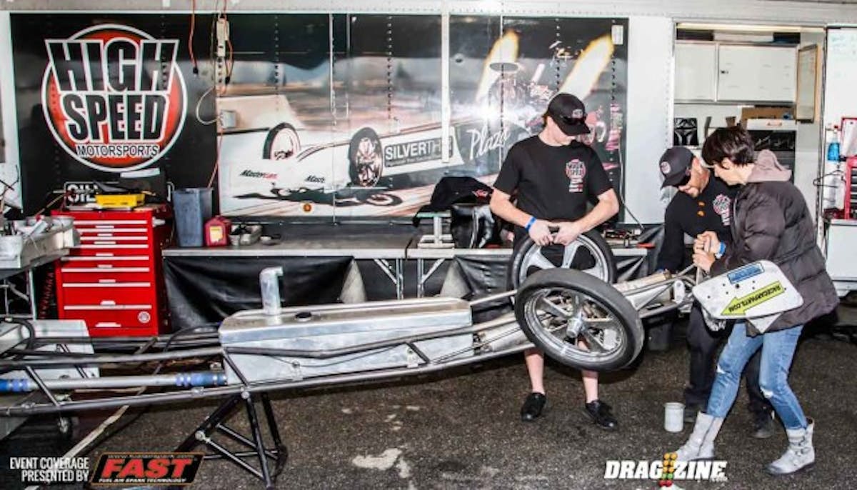 The bent front end of Bill Dunlop's High Speed Motorsports Dragster