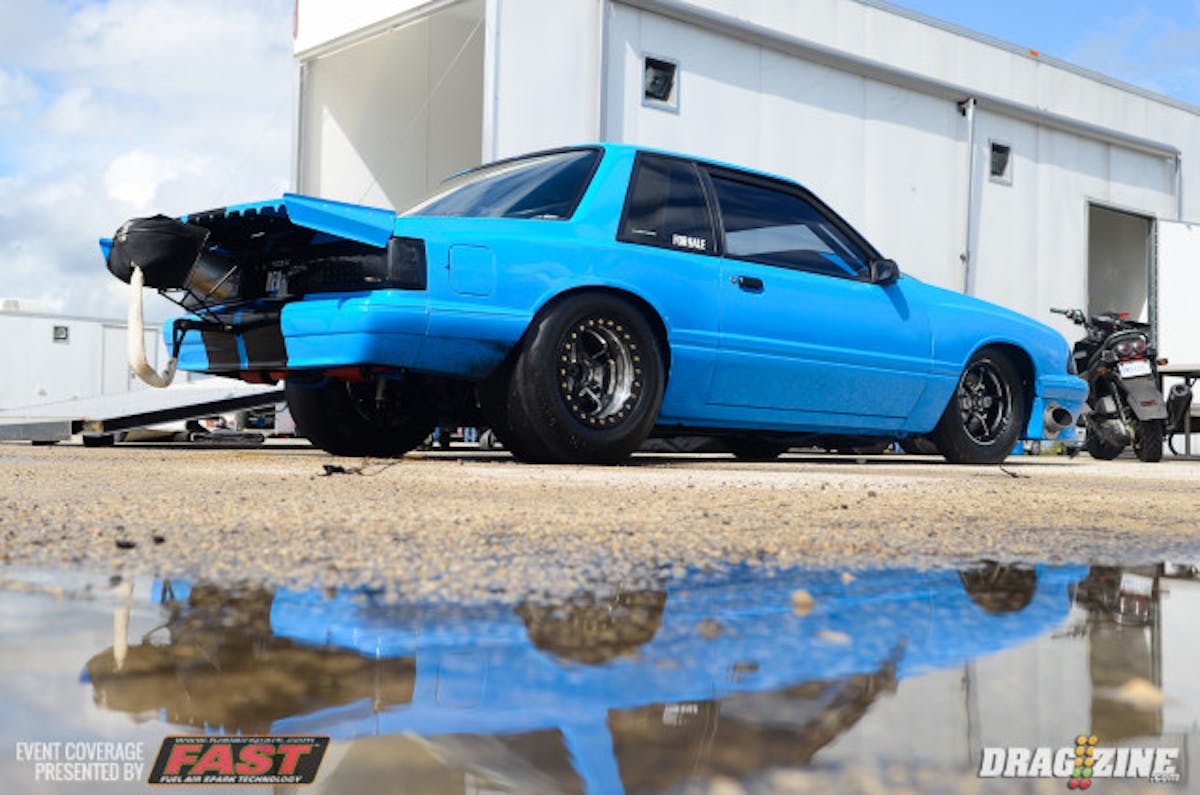 Harlingen, Texas native Dylan Wells campaigns this striking Grabber Blue Fox body, with a 363-inch SBF under the hood, with an 80 mm BorWarner turbo in a blow-through carburetor setup on C85 fuel. Wells, a bracket racer, shared that this is a relatively new build for grudge and no prep racing. He'll be gunning for the $10,000 Small Tire prize here this weekend.