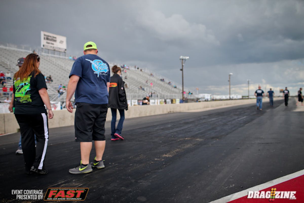 A foreign and perhaps crazy concept to most traditional drag racers, there truly are no dragging machines or track sprayers in sight at a no prep race. After drying the track today,  officials scrap the excess rubber out to the 60-foot mark and sent cars down it without a touch of grooming. 