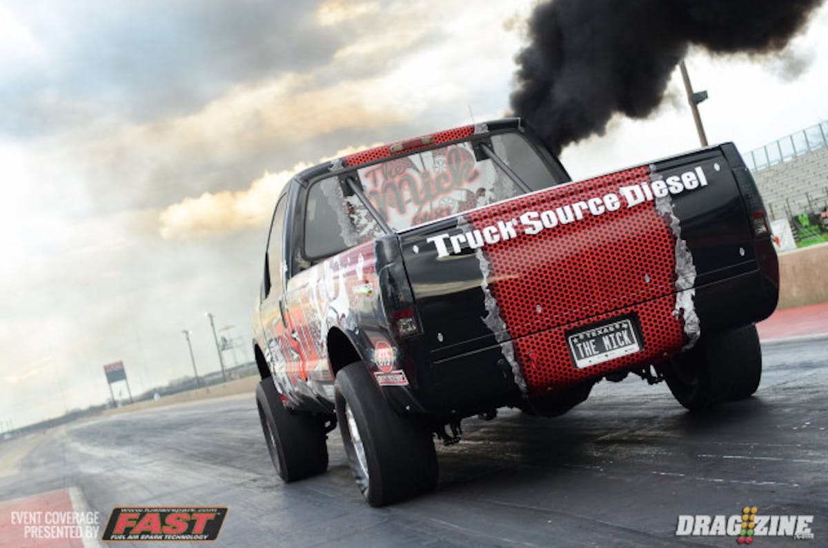 While this four-wheel drive, diesel pickup truck is quick all on its own, the no-prep surface really brings lighter, more aerodynamics machines back to it in the performance department. On one run, it was only a few strides behind one of the quicker Small Tire cars in the other lane. If we had to guess, this truck is pulling off some mid to high 5-second 1/8-mile runs.
