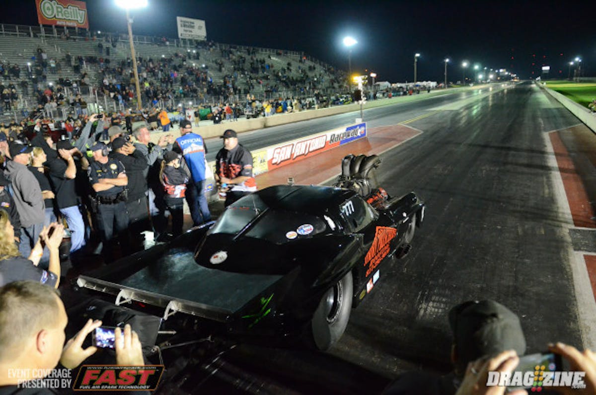 With the TOPMA Pro Mod race at the Texas Raceway cancelled this weekend, Steve Wiley made the trip to San Antonio to try his hand at no prep racing with a car many would have thought to be overpowered for the surface. But without so much as a test pass, Wiley showed everyone it could be done and motored through the 41-car Big Tire field and defeated Ricky Granado and his "Blue Angel" Mustang in an anticlimactic finale, as both tires stuck the tires and slowed, with Wiley making it further under power to coast to the win.