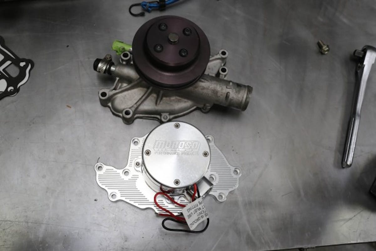 Pumps like this billet aluminum unit from Moroso can help shave a few pounds off the nose of the car versus a standard mechanical piece, which can make all the difference in a racing application where hundredths of a second count.