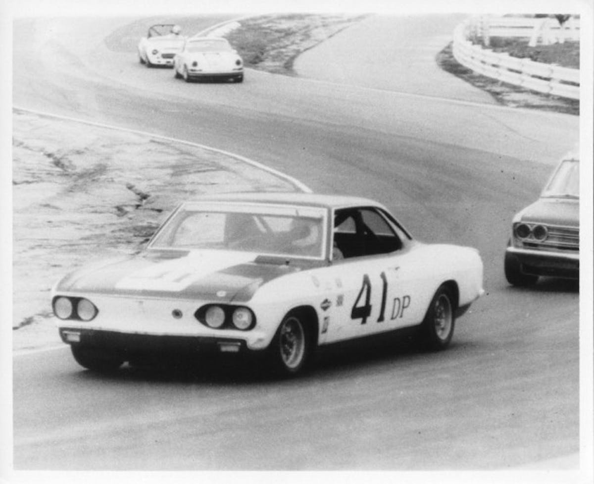 The Yenko Stinger Corvair, mixing it up with the other D Production cars on the road course.