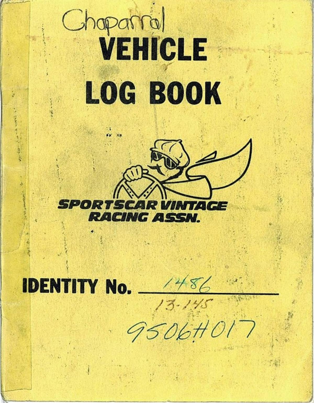 Documentation accompanying the #1 Chaparral Camaro is its SVRA log book, detailing where and when it’s seen vintage-racing action.