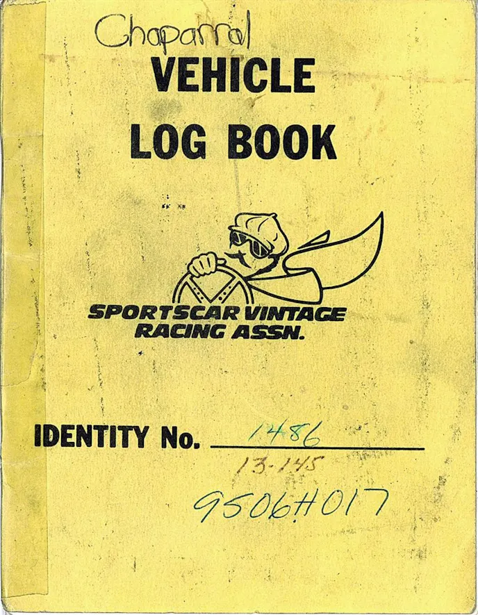 Documentation accompanying the #1 Chaparral Camaro is its SVRA log book, detailing where and when it’s seen vintage-racing action.