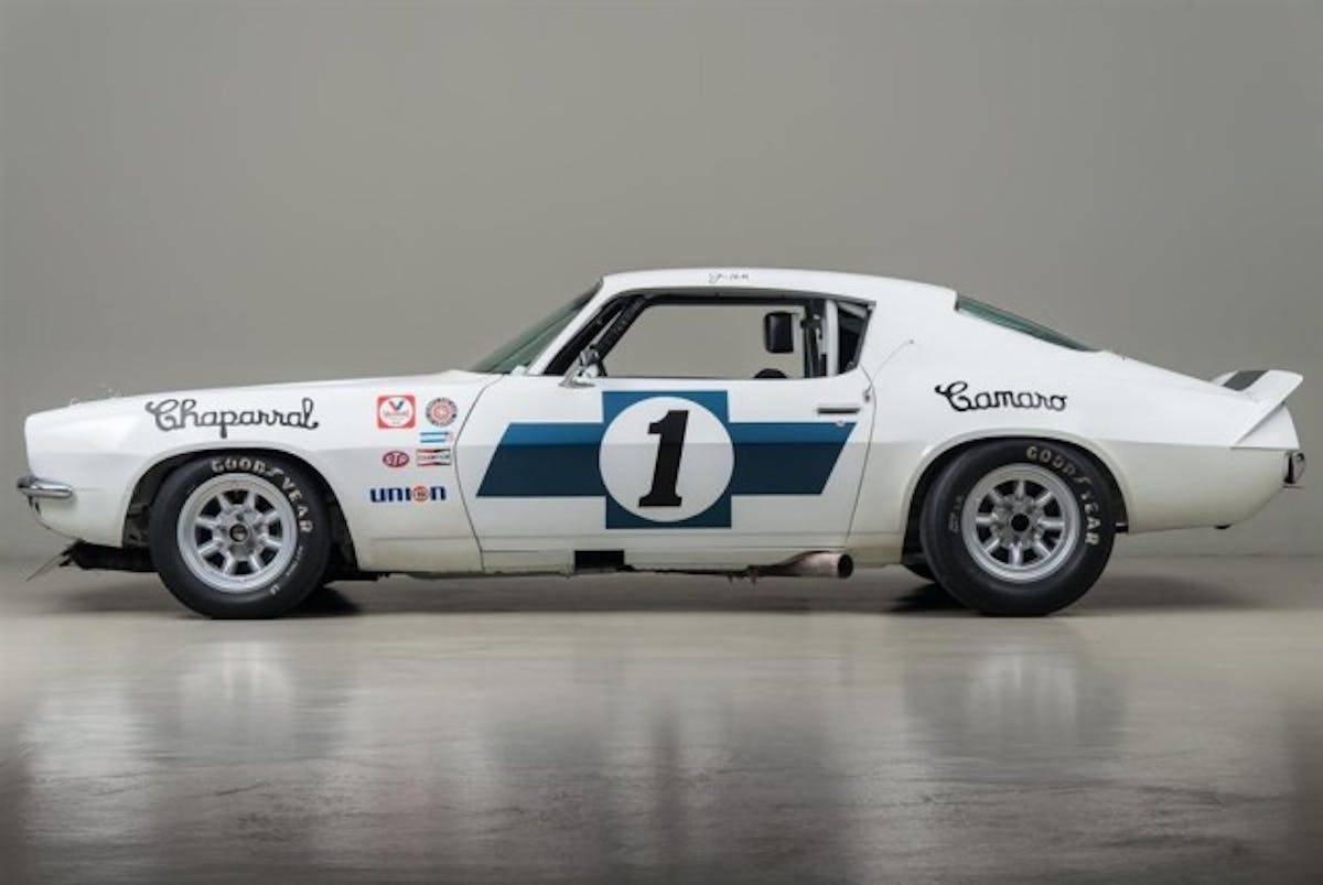 The only-known-surviving Chaparral Camaro looks like it did when it rolled off the trailer at Laguna Seca for its first 1970 race. Front-fender logos are for SCCA and its Trans Am Series, Valvoline motor oil, STP, Champion Spark Plugs and Union 76 gasoline. Note how far exhaust pipe is tucked into floorpan. Also note center-of-gravity (black) mark on left rocker panel, to aid the jack man on in-race tire changes.