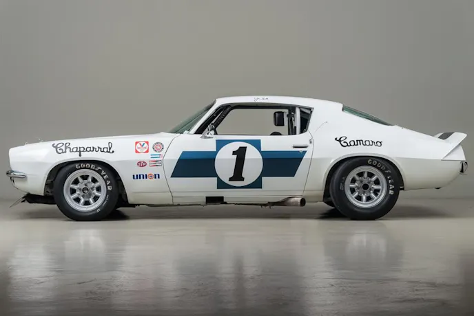 The only-known-surviving Chaparral Camaro looks like it did when it rolled off the trailer at Laguna Seca for its first 1970 race. Front-fender logos are for SCCA and its Trans Am Series, Valvoline motor oil, STP, Champion Spark Plugs and Union 76 gasoline. Note how far exhaust pipe is tucked into floorpan. Also note center-of-gravity (black) mark on left rocker panel, to aid the jack man on in-race tire changes.