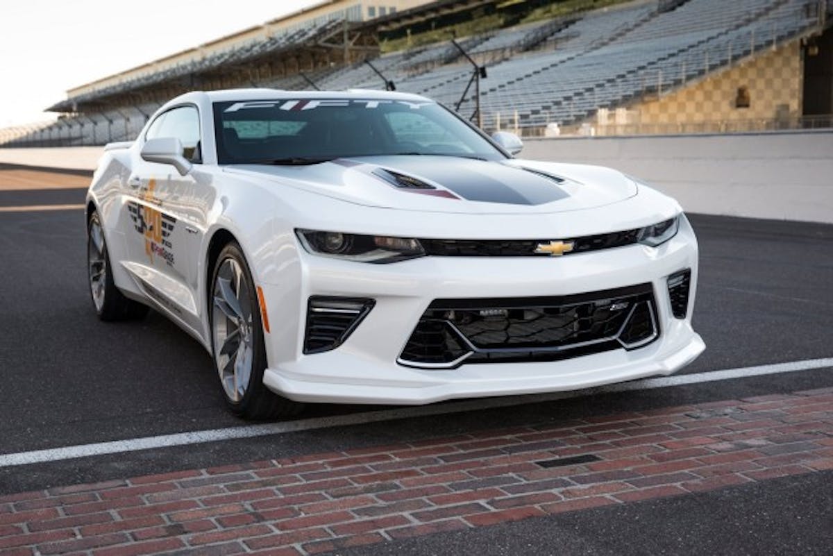 The 2017 Camaro SS 50th Anniversary Edition will lead the 100th running of the Indianapolis 500 at the Indianapolis Motor Speedway in Indianapolis, Indiana next month, driven by motorsports legend Roger Penske, who is marking 50 years as a race team owner. (Photo by Bret Kelley/IMS for Chevrolet)