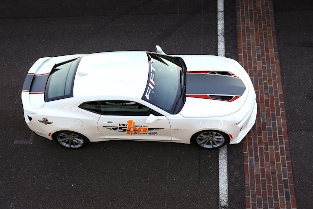 The 2017 Camaro SS 50th Anniversary Edition will lead the 100th running of the Indianapolis 500 at the Indianapolis Motor Speedway in Indianapolis, Indiana next month, driven by motorsports legend Roger Penske, who is marking 50 years as a race team owner. (Photo by Bret Kelley/IMS for Chevrolet)
