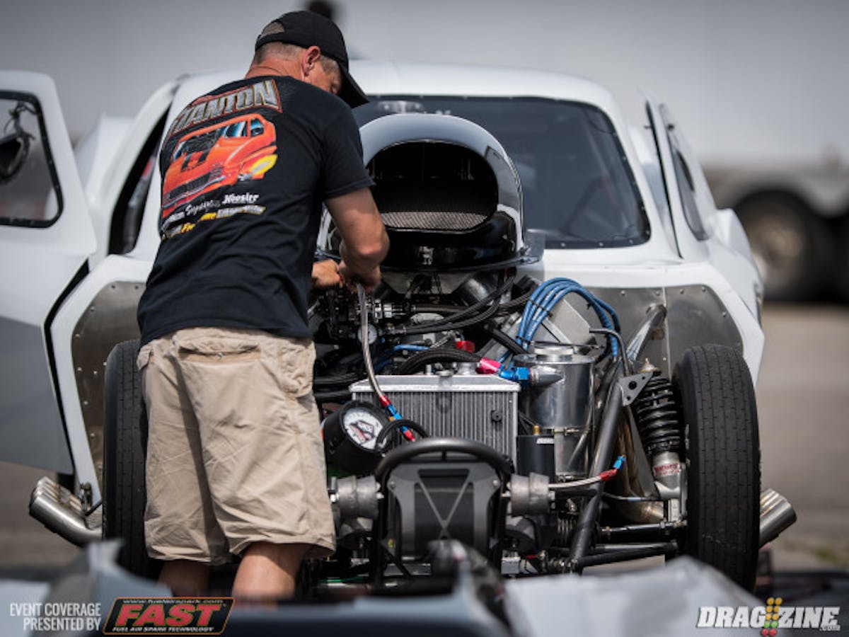 Pro Mod standout Bubba Stanton made an early-shutoff 4.30 test pass earlier. Stanton had to scramble and find parts after breaking a rocker arm while warming the sleek 'Vette up in the pits.