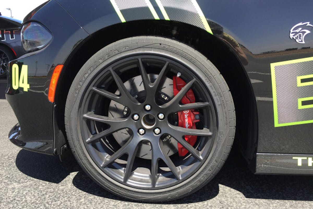 While the top-spec Pirelli tires on the SRT Challenger and Charger are 275/45/20s, the Goodyears are wider and shorter at 285/35/20. I asked an SRT engineer about this and these kit without any other modification. This is particularly interesting for track rats because Toyo makes an R888 in this size, so you can switch over to an R compound tire without changing your wheels if you're looking for maximum grip. 