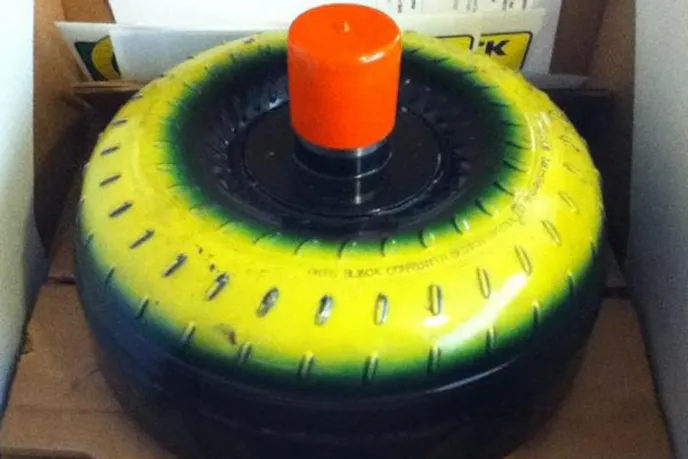 The colorful Greg Slack CDS 3500 torque converter with a 3500 stall speed.