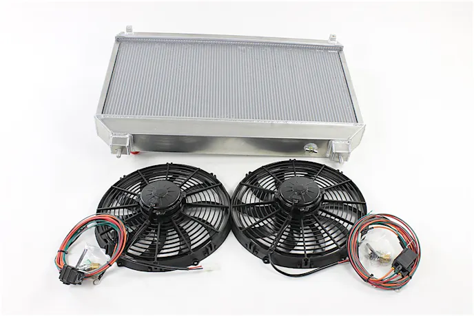 Along with the radiator and fans we sourced from Be Cool, we also sourced a radiator cap (PN. 7001) and well as two wiring harnesses for the fans (PN. 75021). Worth noting is the fact that while the fans will function as designed off the stock ECU's instructions, they need a 40 amp relay per fan as opposed to the 30 amp relay used with the stock piece.