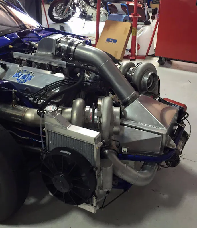 The BBC powerplant tucked neatly between the Skinny Kid Race Cars frame rails with twin turbochargers topping off the powerplant.