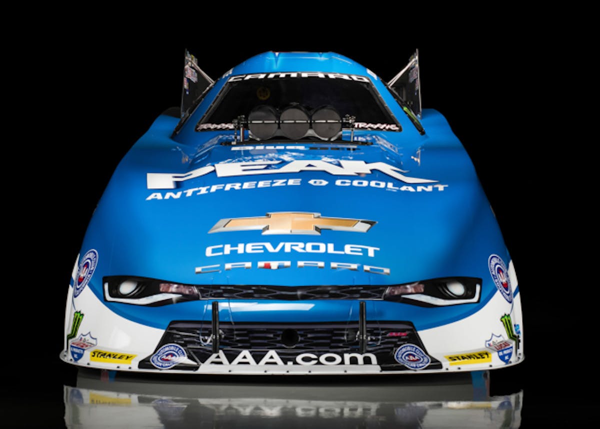 Chevrolet and 16-time NHRA champion John Force unveil the all-new 2016 Camaro SS Funny Car Tuesday, May 17, 2016 in Brownsburg, Indiana. The new Funny Car body is the first based on the sixth-generation Camaro SS. Force will race the new Funny Car this weekend at the NHRA Kansas Nationals in Topeka, Kansas. Force’s teammates Courtney Force and Robert Hight will introduce new Camaro SS Funny Cars later this season. (Photo by Eric Meyer for Chevy Racing)
