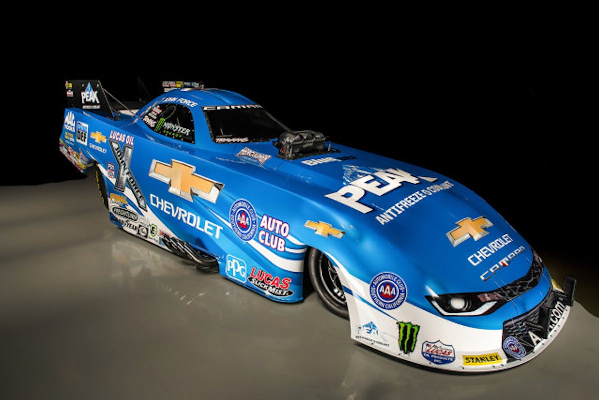Chevrolet and 16-time NHRA champion John Force unveil the all-new 2016 Camaro SS Funny Car Tuesday, May 17, 2016 in Brownsburg, Indiana. The new Funny Car body is the first based on the sixth-generation Camaro SS. Force will race the new Funny Car this weekend at the NHRA Kansas Nationals in Topeka, Kansas. Force’s teammates Courtney Force and Robert Hight will introduce new Camaro SS Funny Cars later this season. (Photo by Eric Meyer for Chevy Racing)