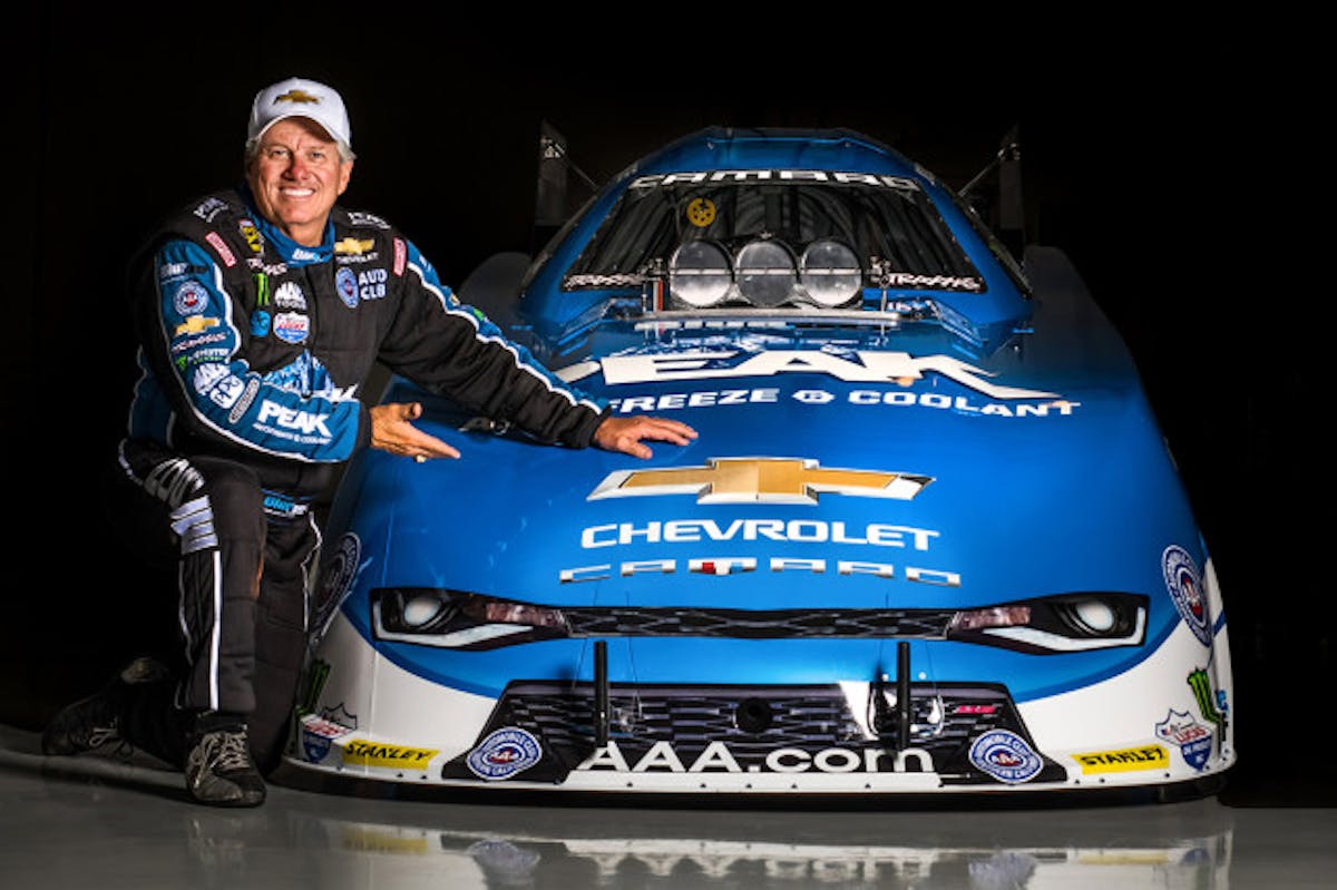 Chevrolet and 16-time NHRA champion John Force unveil the all-new 2016 Camaro SS Funny Car Tuesday, May 17, 2016 in Brownsburg, Indiana. The new Funny Car body is the first based on the sixth-generation Camaro SS. Force will race the new Funny Car this weekend at the NHRA Kansas Nationals in Topeka, Kansas. Force’s teammates Courtney Force and Robert Hight will introduce new Camaro SS Funny Cars later this season. (Photo by Eric Meyer for Chevy Racing)