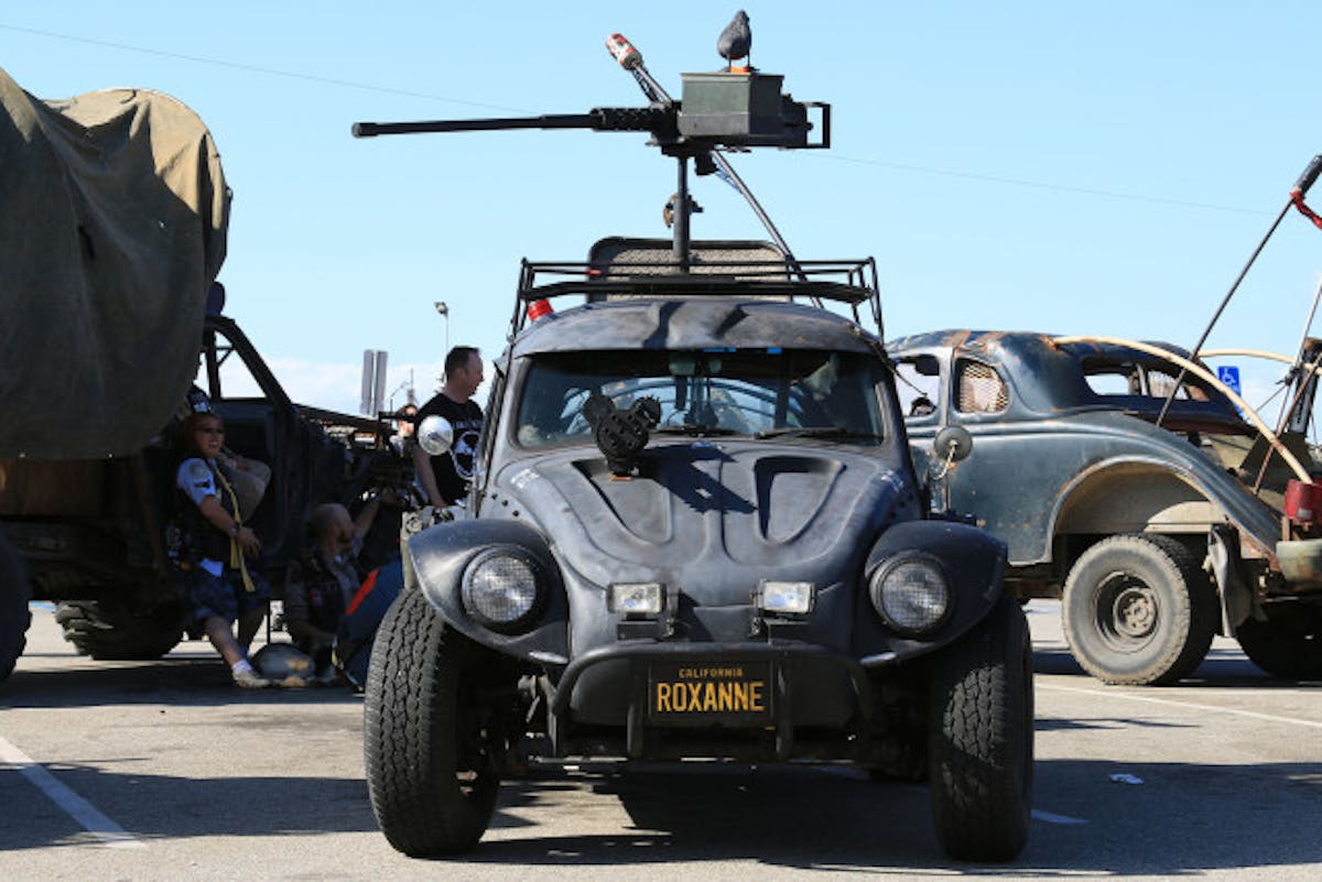 Old school Beetles made a strong showing at the Wasteland World car show. This particular example caught our eye - not sure if it was the bird on top of the gatling gun or just the fact that it's named Roxaane.