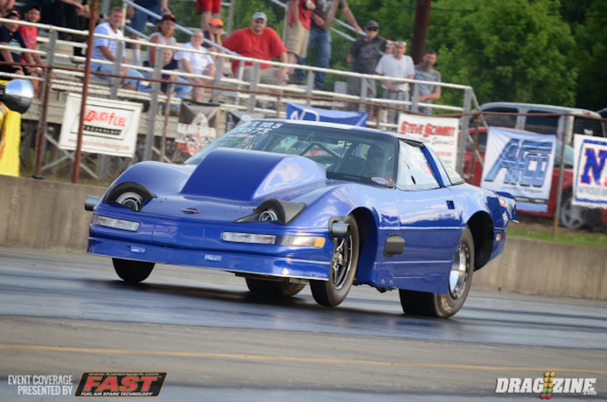 Travis Esselman was struggling to keep the front end of his Corvette on the ground in testing today, but was strapping weights to the front end when we stopped by earlier and appears to have found the setup, as he laid down a 4.26 at 173.82 mph to lead the Limited Drag Radial after one round.