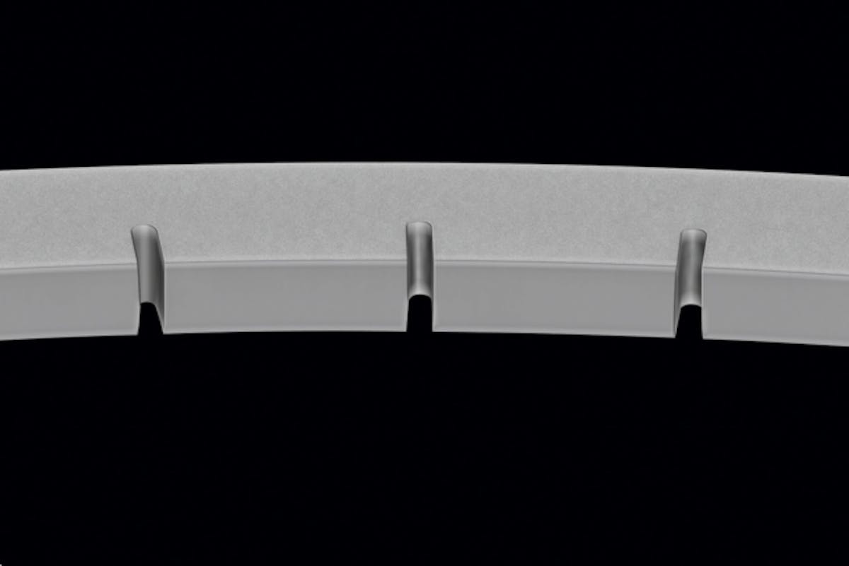 Traditional piston rings have some inherent design flaws that prevent the ring from handling this change in cylinder geometry effectively. A wide radial wall ring will struggle to maintain its face contact against a non-round cylinder, resulting in blow-by and reduced efficiency. Reducing the radial wall until the ring conforms easily to the cylinder wall is an obvious solution, but this approach results in reduced piston ring to piston land contact, again diminishing efficiency and increasing blow-by. The Total Conform ring features a series of radial notches around the inner diameter to make the ring function like as though it had a shallow radial wall ring, in turn allowing it to conform to the bore distortions. But unlike a traditional shallow ring wall, the Total Conform ring design maintains a wide radial wall which allows it to stay firmly sealed to the piston in the ring lands.