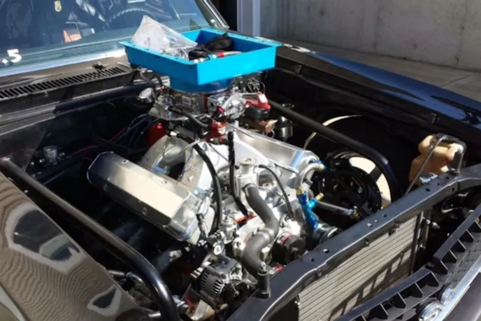 The current engine is a 437-inch small block with an Induction Systems nitrous kit, Quick Fuel Technology carburetor, Pro Action heads, and a Mopar 420 NASCAR-style intake.