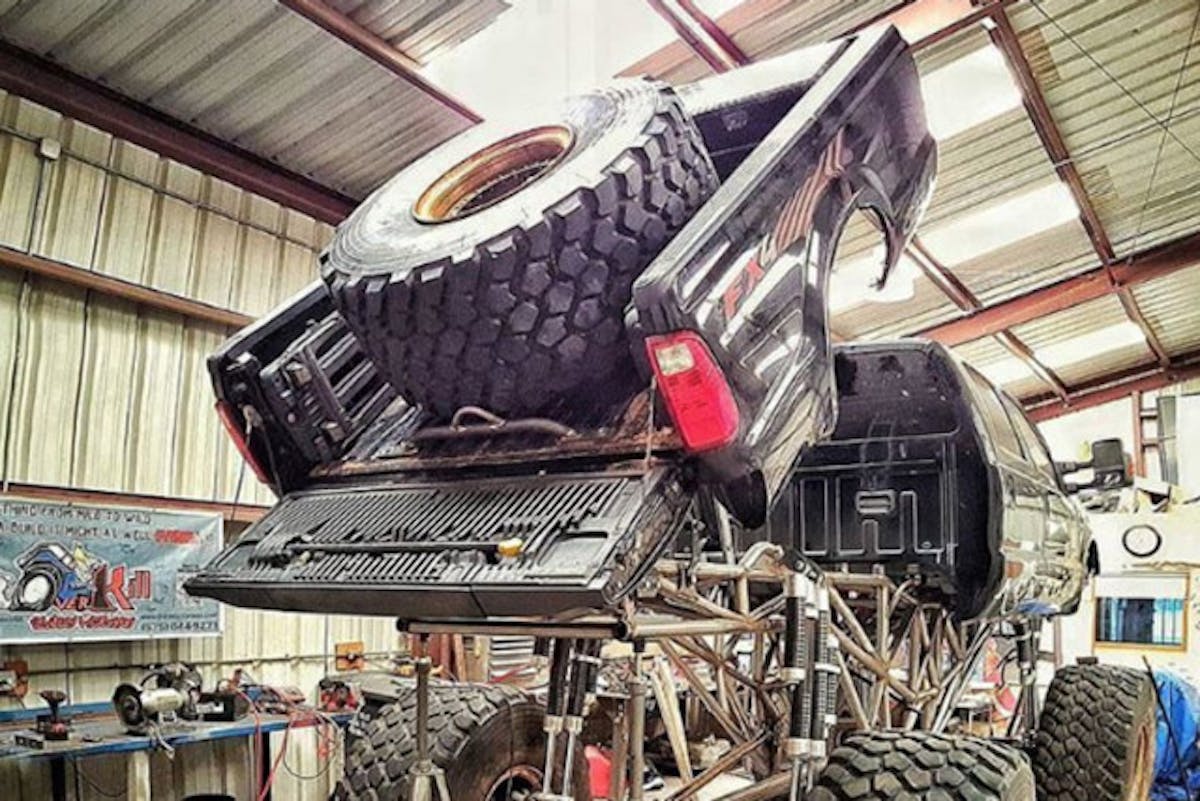 No bed space here, the massive 56-inch tall tire takes up most of the space.