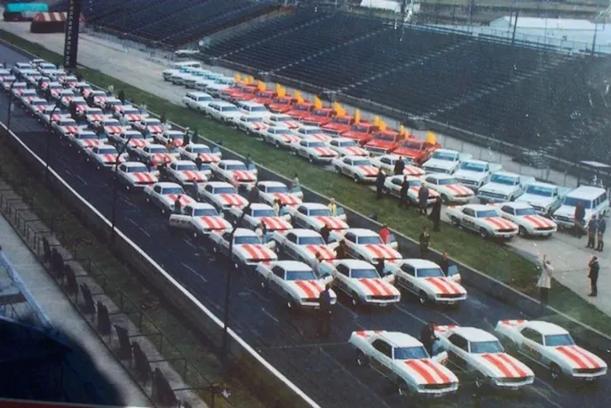 This original photo shows all of the Pace Cars that were produced for the race. The "giveaway" cars are on the right.