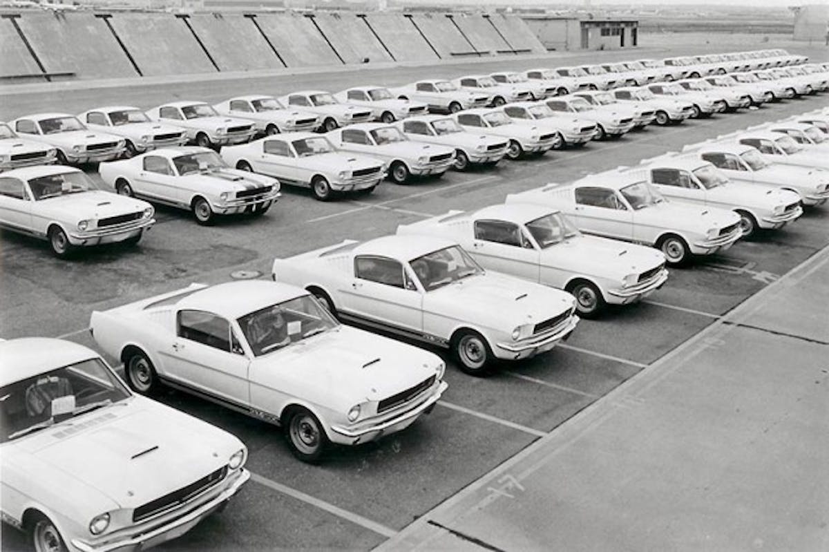 A batch of built GT350s await delivery after modifications were completed at Shelby's facility in Los Angeles, California. Image: Ford