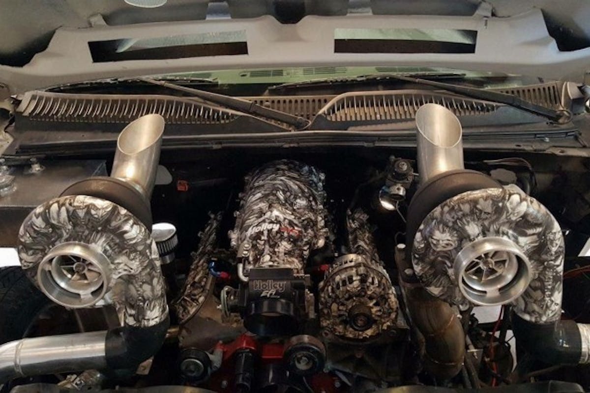 The truck's new 6.2-liter LS3 will inhale boost from a pair of 66mm turbochargers once air has traveled through a Chiseled Performance intercooler. Marco's goal is to run in the 8s, and since the previous combo ran 9.70s, that is an attainable goal.