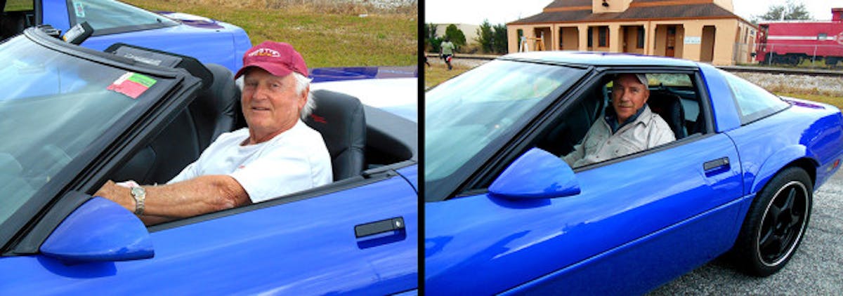 John Meyerhoff (left) owns 1966 427/425 4-speed Sunfire Yellow roadster, a 1969 427/400 4-speed Burgundy roadster, a 1996 Grand Sport roadster, a 2001 Magnetic Red roadster, and a 2008 6-speed Jetstream Blue Z06. Ron Ellerman (right) owns just this one Corvette – one of 810!