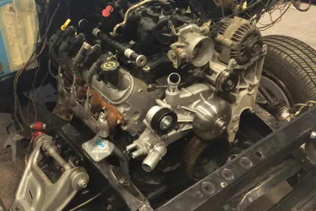 The engine and trans are in with the fenders off. Image courtesy Bryan Meadows.