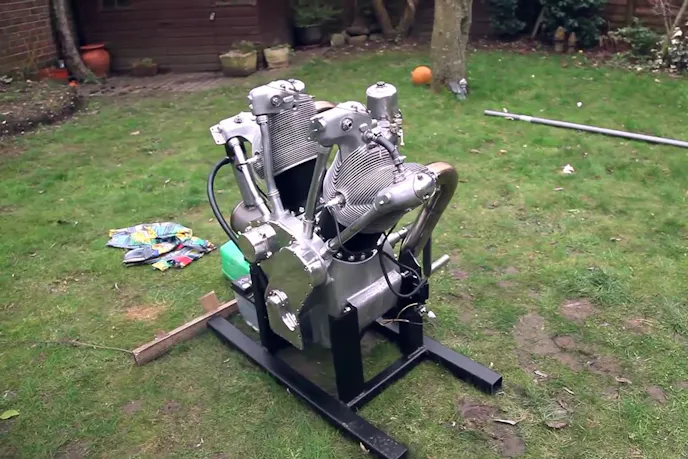 This is a motorcycle engine made out of parts from a famous aircraft engine.