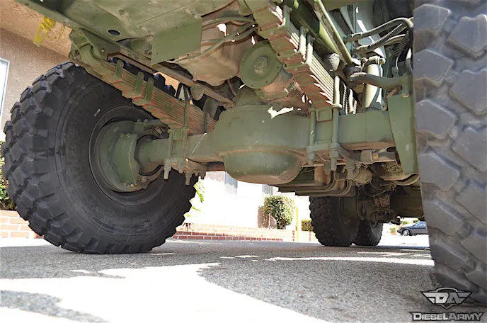 The truck's suspension design consists of leaf spring front end and floating tandem rear axles. Generally full floating designs are reserved for vehicles that are designed for severe duty, or are intended to carry heavy loads. This type of axle uses an axleshaft on each side that is either splined at both ends or splined on the inner end and has a drive flange on the outer end.