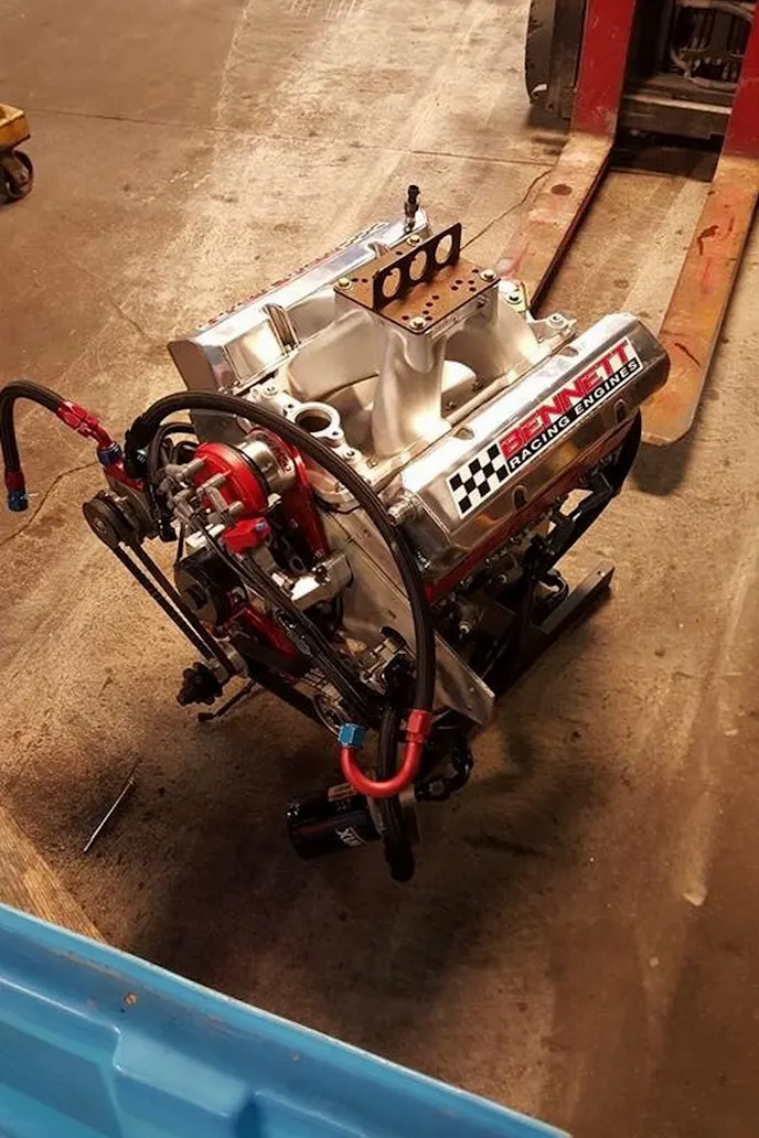 The engine in the Flying Pickle is a Bennett Racing-built 400-inch small block. Michael uses a Nitrous Express in X275 and Ultra Street competition.