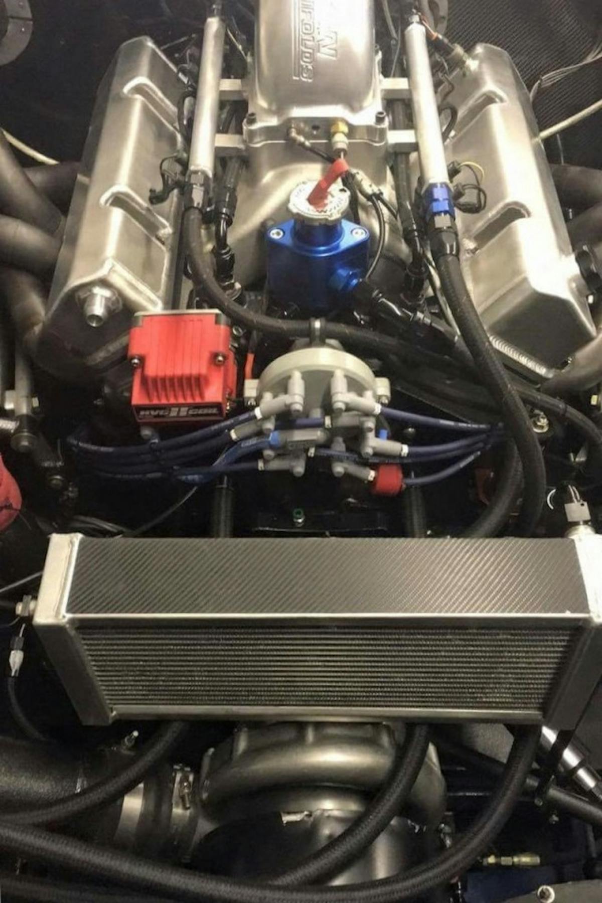 The current Harrell Engine and Dyno (HED) 468-inch small block is seen here, but HED is working on a 427-inch small block with a revised cam profile, and with a ProCharger F-1X-12. Mark says that combo should make 35 pounds of boost, almost 10 more pounds compared to the current combo.