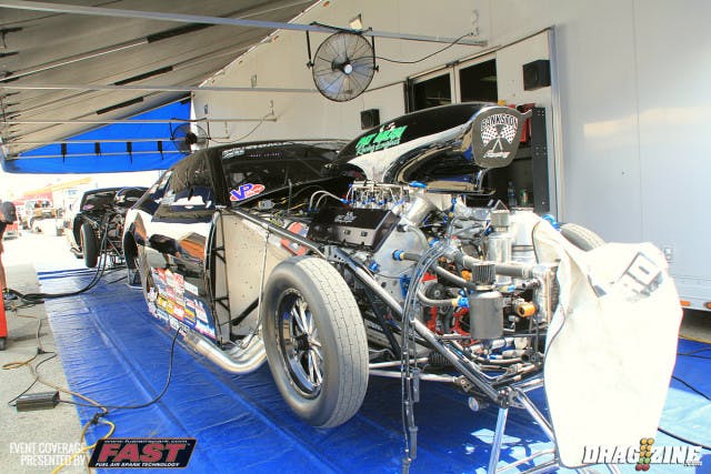 We dropped by the Bankson Boys Racing pit earlier and chatted with crew member Keith Auwarter. Tim Savell has been to four NMCA events so far this year and is leading points and currently has the class record with a 3.767 with his 2014 Camaro. Team mate Billy Banaca has a new car from Jerry Bickel out for it's third event for the year wrapped in a 69 Camaro body. Power for both cars comes from Pat Musi in the form of a 960 inch 5.3 bore space Chevy based engines. 