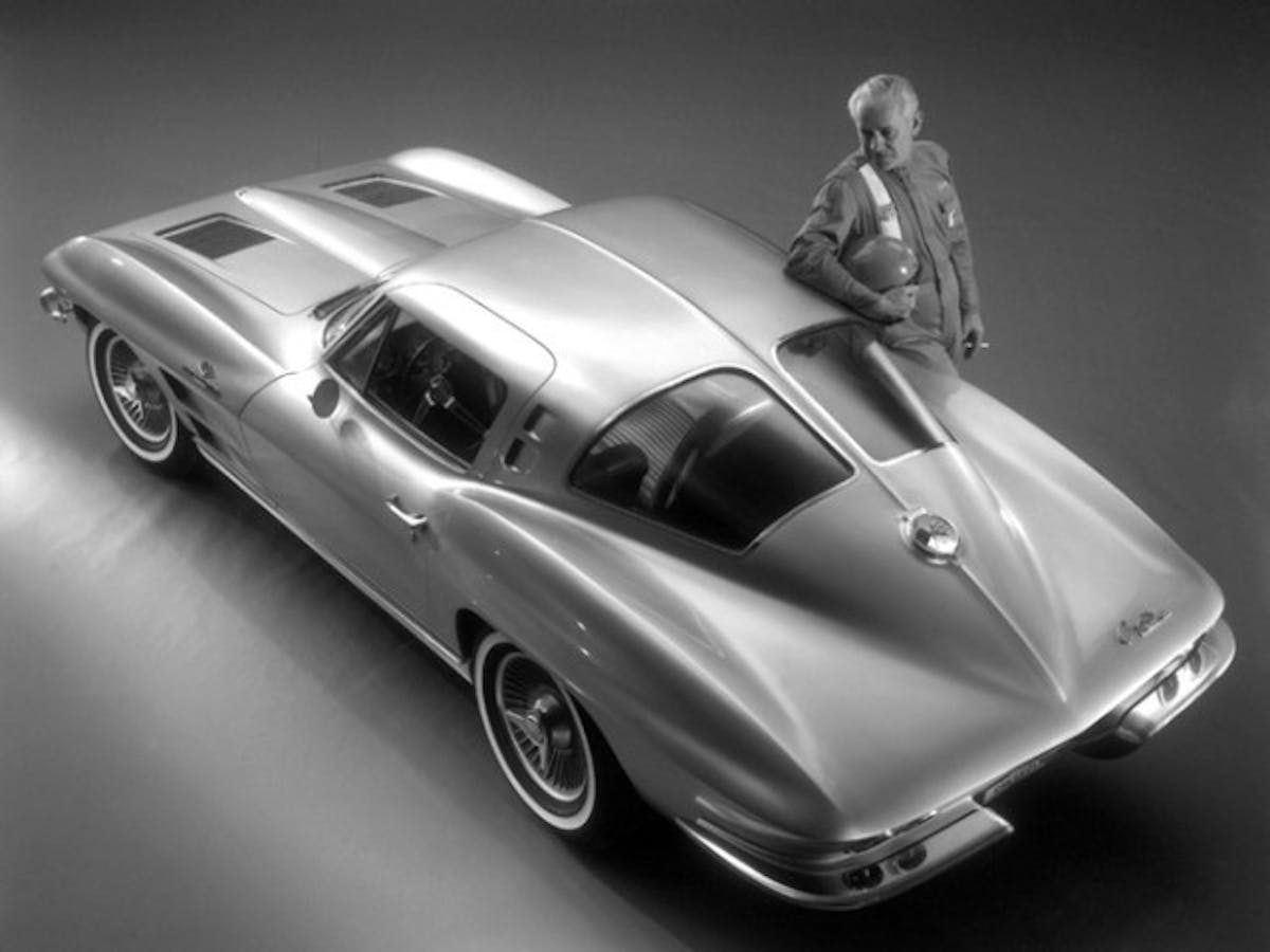 GM's chief designer and the man who was instrumental in transforming the Corvette into a world-class sports car during the 1950s, Zora Arkus-Duntov, poses with the 1963 Chevrolet Corvette Z06. Although the cost of the Z06 package would put the price tag of the Corvette well above relative exotics like the Jaguar E-Type, its capability on the road course would make the car a performance legend. 
