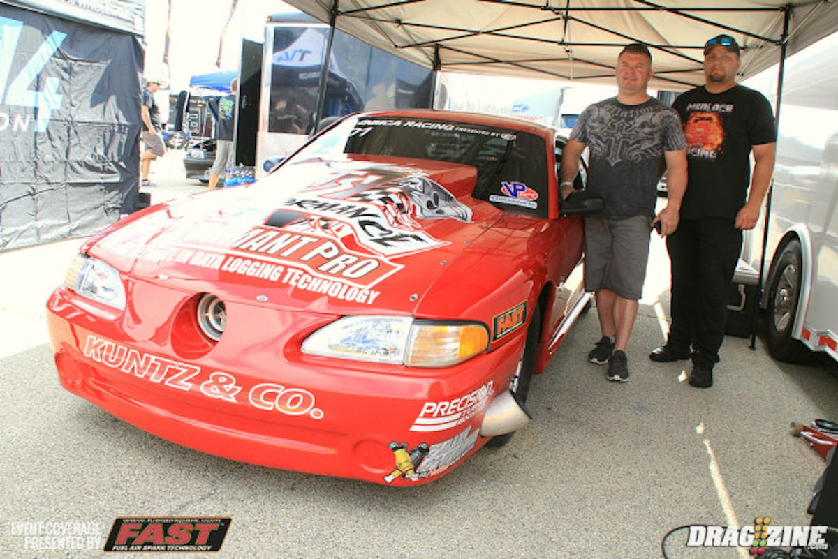 The NMCA has picked up MX235 for several races this year which is a class similar to Nitrous X and Ultra Street but running on a 235 series MT Radial tire running various power adder and NA combinations. Shawn Pevlor, Darren Hilterbrand, Chip Pike and Brad Medlock are some of the racers here this weekend. We stopped by Medlock's pit for a chat this morning who is the current points leader and sits number one in qualifying after one session with a 4.83 Brad has some new parts on the car including a new Pro Torque converter and FAST engine management which has resulted in improved MPH testing in Holly Springs last weekend. Madlock uses Kuntz power and an M&M Transmission in the Mike Duffy built car formerly campaigned by John Urist.