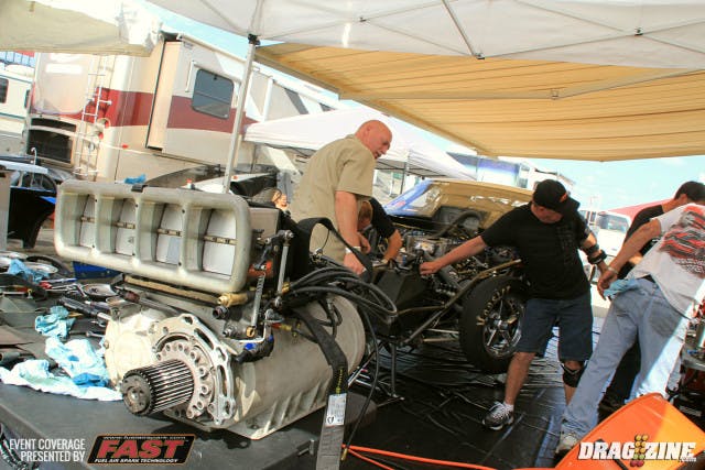 We caught up with Pro Mod racer Tommy Dwyer who runs a blown 1970 Chevelle in the class. He lost a lifter in qualifying also damaging the camshaft which required a significant tear down to repair. The crew was still working on the engine when we stopped by but they were well on their way to reassembly and should be ready for eliminations later.