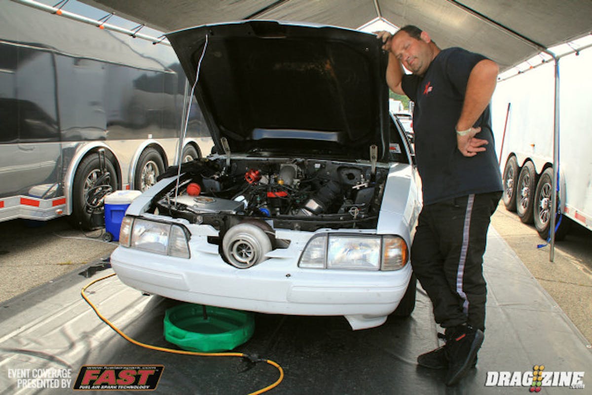 Jimmy Dahl is here running Xtreme Street this weekend for his second time in the class after debuting at  Indy with prompting by his long time friend and NMCA tech guy Dave W. He was running X275 and changed the turbo to a Precision 76 mm piece and class legal tires running an 8.0 today after running 7.80s at 177 in Indy. The engine is from TNT Racing Engines topped with TFS Hi Port heads backed by an ATF transmission and converter.