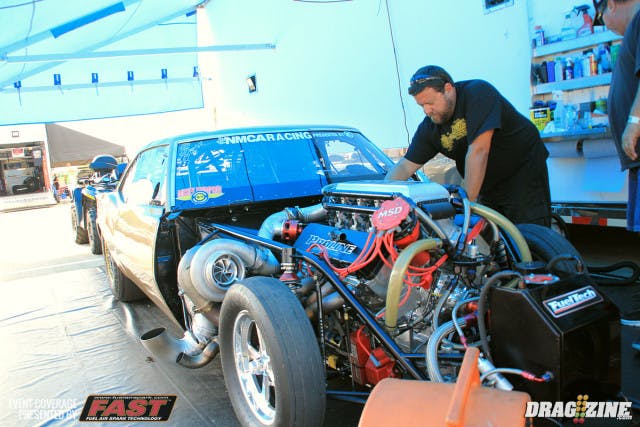 We stopped by number one Radial Wars qualifier Dewayne Mills pit and spoke with Pro Line Racing's Jamie Miller about their day. Since we lost a qualifying session due to rain they put an easy tune in the car putting down a 3.98 at 197 MPH. He has been a best of 3.79 in St Louis and is the quickest turbo charged Drag Radial car and the first boosted car in the 3.70's.