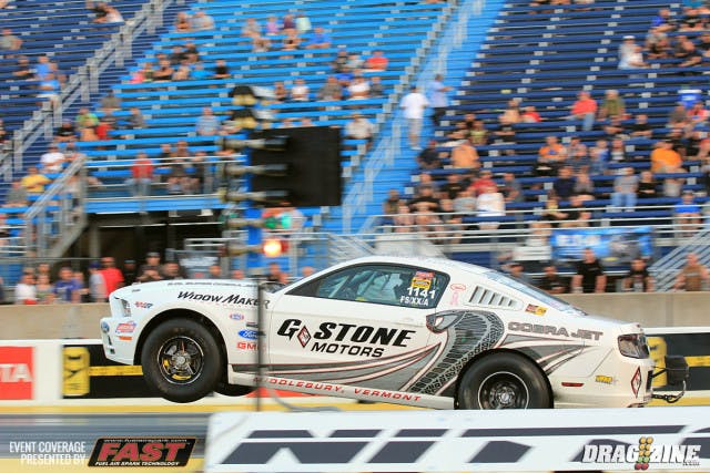 Gardner Stone pulled a nice wheel stand in Holley EFI Factory Super Car on a single where Michael Skinner was not able to make the round running an 8.83 at 152 MPH on the run. 