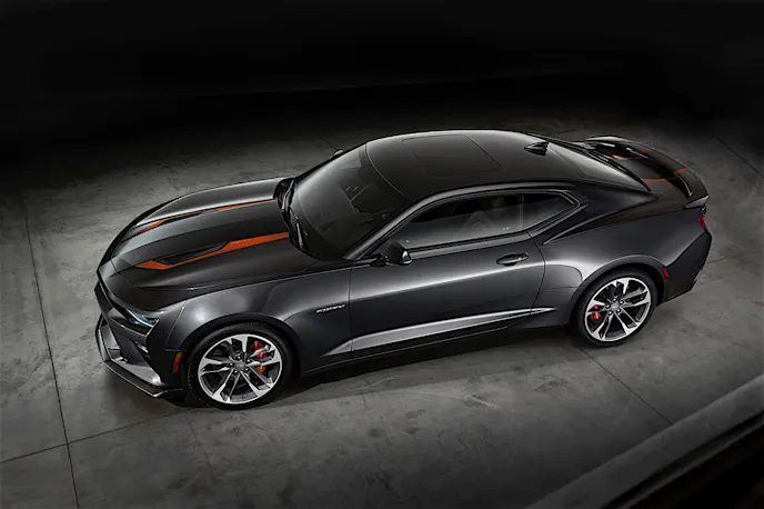 The 2017 Camaro 50th Anniversary Special Edition is available summer 2016 on 2LT and 2SS coupe or convertible models. The Special Edition features a Nightfall Gray exterior, unique 20” wheels and center caps, orange stripe package and a black interior with suede accents and orange stitching. Distinct 50th anniversary badging treatment is featured on seatbacks, the steering wheel badge and illuminated sill plates. For the 2017 model year, every Camaro built will feature a special 50th Anniversary badge on the steering wheel.