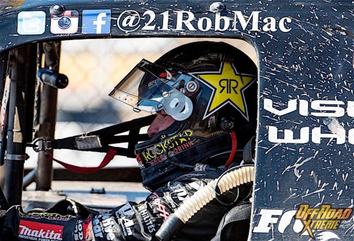 Rob Maccachren pulls the #21 Pro 2 car in front of fans to celebrate after winning on Sunday.