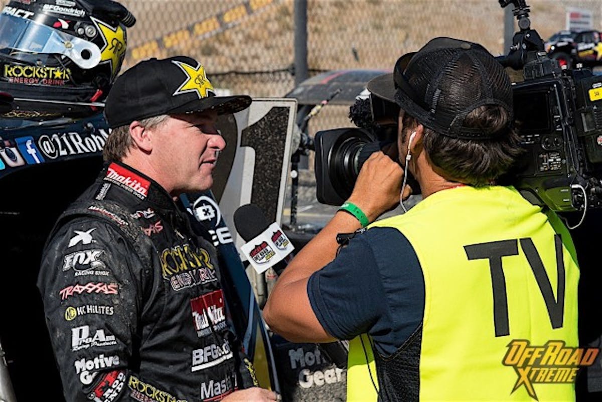 Rob MacCachren thanks his team and sponsors after winning the Pro4 race on Sunday.