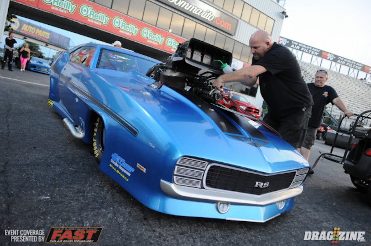 Frankie Taylor is piloting a gorgeous new '69 Camaro owned by California's Jay Diedrich and built by Larry Jeffers. Taylor struck the tires early in his first qualifying hit and had to lit off the (very) loud pedal.