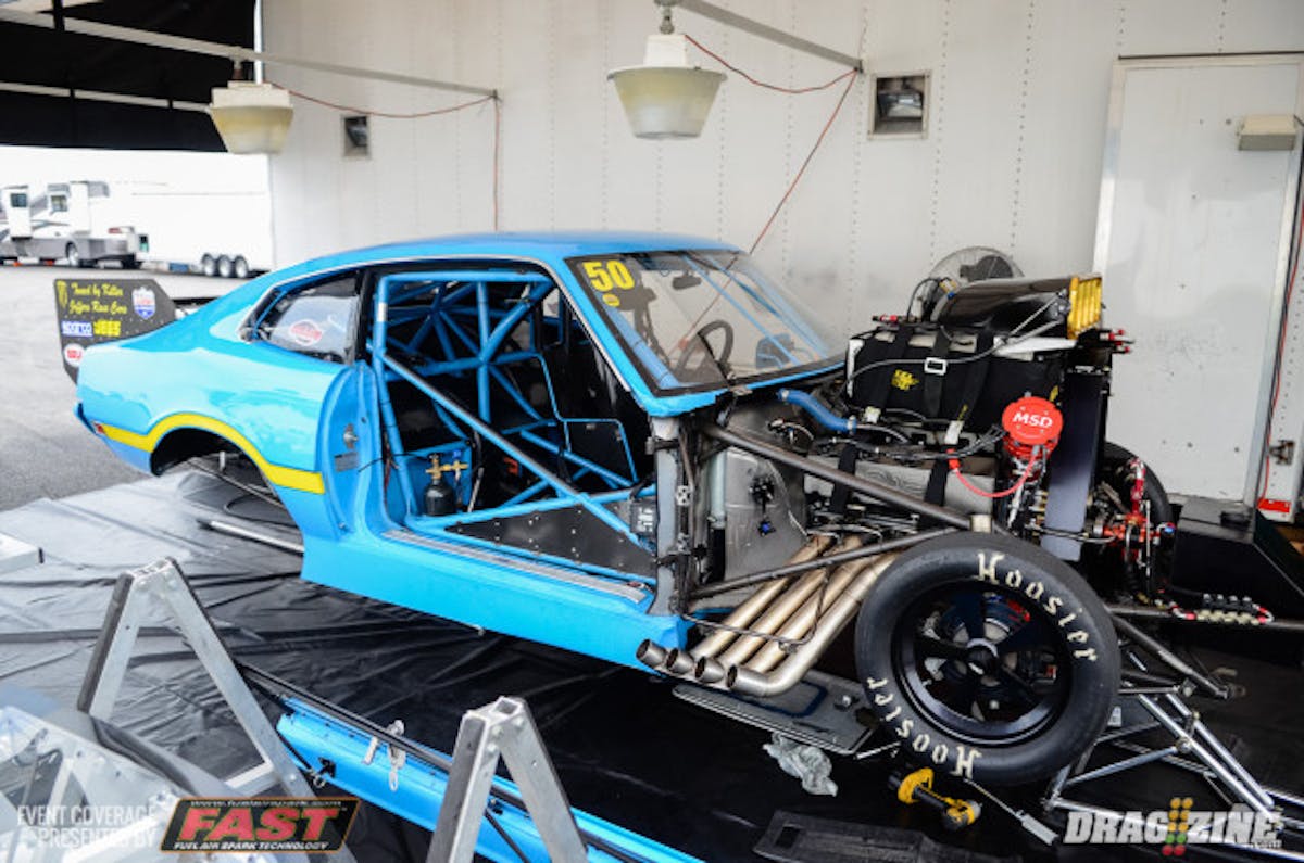 While many of his Top Fuel compatriots are in Indy testing for the U.S. Nationals, Missouri native Scott Palmer is here in St. Louis enjoying a little Pro Mod racing behind the wheel of his '72 Ford Maverick. Palmer cranked off a 3.91 at 188 mph last night to place himself third in the provisional order in Outlaw Pro Mod.