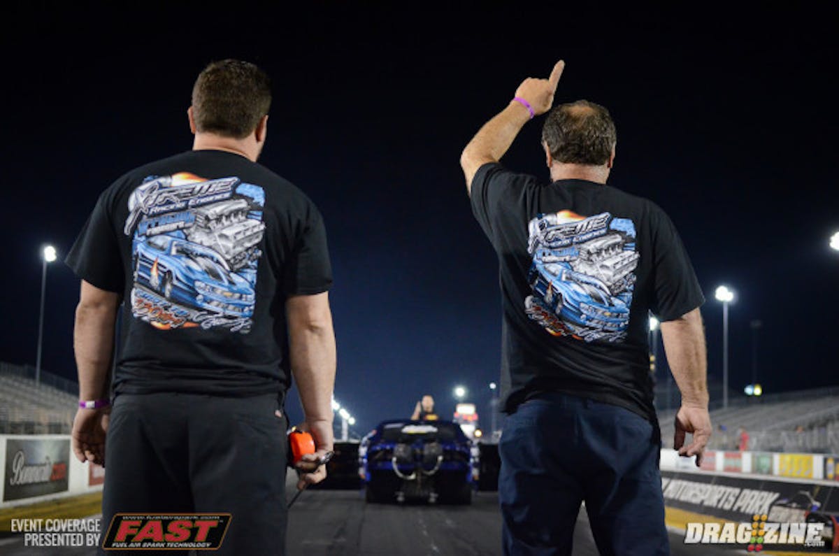 Carl Stevens, Jr. (left) and Sr. helped guide "The Captain" Terry Barkley to his first career No. 1 qualifier at his debut race in Pro Nitrous vs Pro Boost, as he backed up his 3.76 from earlier in the evening with a 3.78 to solidify his spot atop the field. Barkley was on cloud nine with the performance of the car, sharing the team was shooting for mid-3.70's.