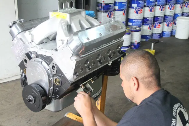 The LS1 carb-style intake is from Edelbrock. Here the engine is getting ready for its dyno session. 