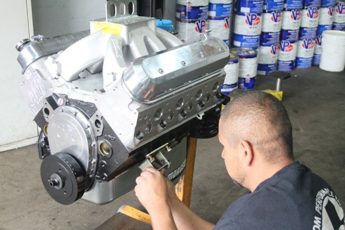 The LS1 carb-style intake is from Edelbrock. Here the engine is getting ready for its dyno session. 